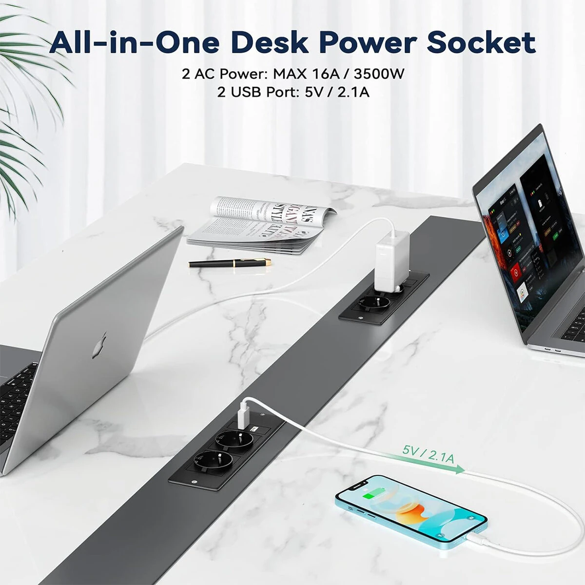 2Pcs Table Socket with 2 USB 2 Sockets Built-in Socket 2-Way Installation Power Strip with 2 Screws for Kitchen Furniture or Worktops Recessed Socket 1.8 Cable16 A/3500 W — view 8
