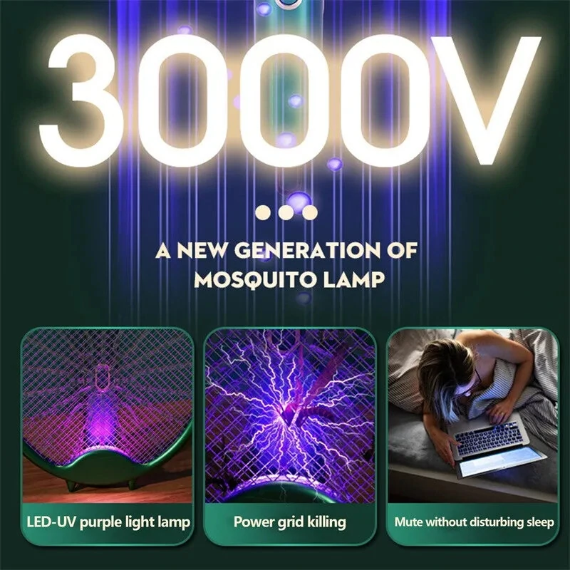 3-in-1 Electric Fly Swatter Mosquito Killer Racket Bug Zapper Insect Trap 800mAh USB Charging Foldable Design UV Light Insect Attraction for Indoor Outdoor Use — view 3