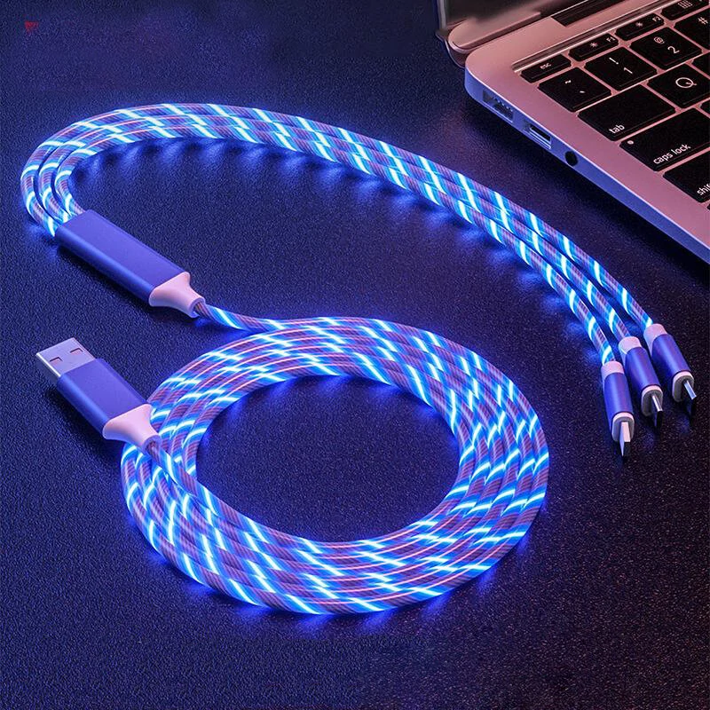 3 in 1 Glowing Cable LED Light USB to Type-C/Micro/iP Cable Fast Charging 1M Long for iPhone 14 Pro for iPad Pro for Huawei P50 for ViVo Y70s for Xiaomi Mi 13 — Pricio