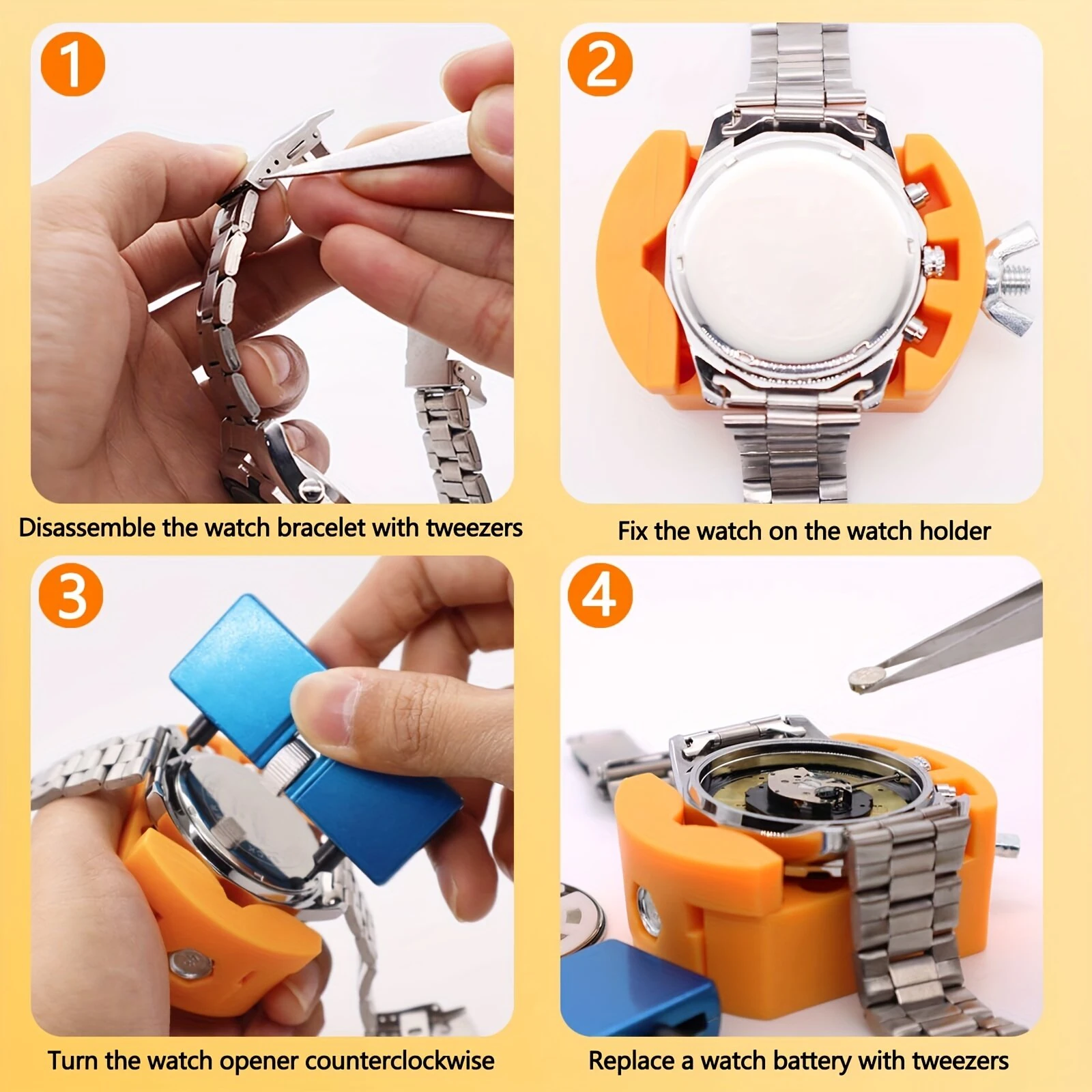 3 PCS Watch Repair Tool Set Watch Wrench Back Remover Tool Adjustable Opener Back Case Remover Watch Case Back Opener Set Repair Remover Holder Base, Tweezers — view 5