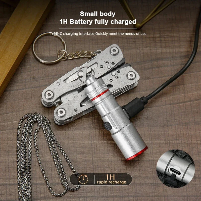 300LM Powerful EDC LED Keychain Flashlight With Battery Rechargeable Mini Torch Portable Work Light with Magnet Back Clip, Alloy Chain — view 5