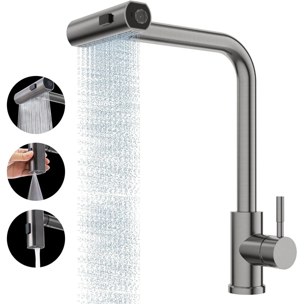 304 Stainless Steel Kitchen Faucet Pull Out Rotation Waterfall Stream Sprayer Brushed Nickel High Efficiency Cleaning Elegant Design Sink Mixer Tap Accessory — view 2