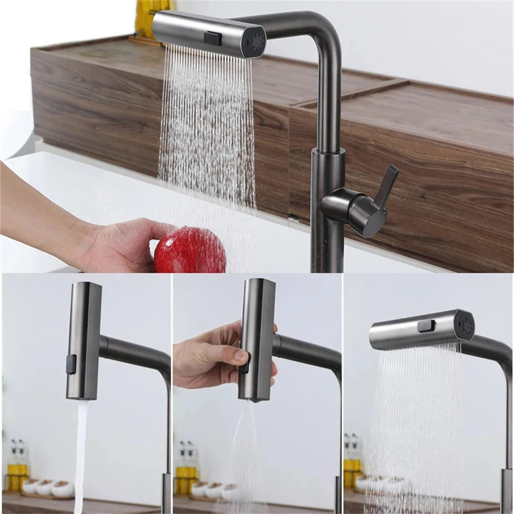 304 Stainless Steel Kitchen Faucet Pull Out Rotation Waterfall Stream Sprayer Brushed Nickel High Efficiency Cleaning Elegant Design Sink Mixer Tap Accessory — view 3