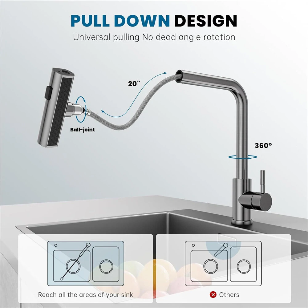 304 Stainless Steel Kitchen Faucet Pull Out Rotation Waterfall Stream Sprayer Brushed Nickel High Efficiency Cleaning Elegant Design Sink Mixer Tap Accessory — view 4