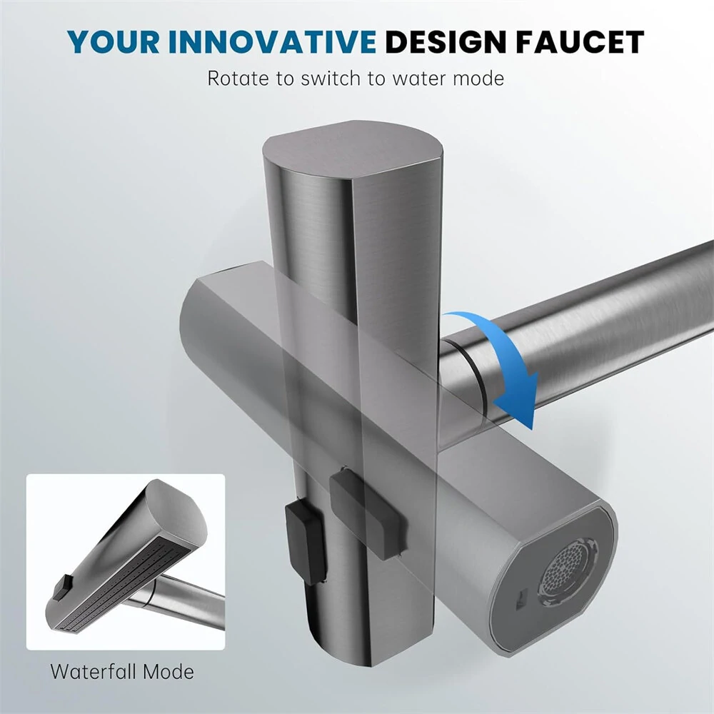 304 Stainless Steel Kitchen Faucet Pull Out Rotation Waterfall Stream Sprayer Brushed Nickel High Efficiency Cleaning Elegant Design Sink Mixer Tap Accessory — view 5