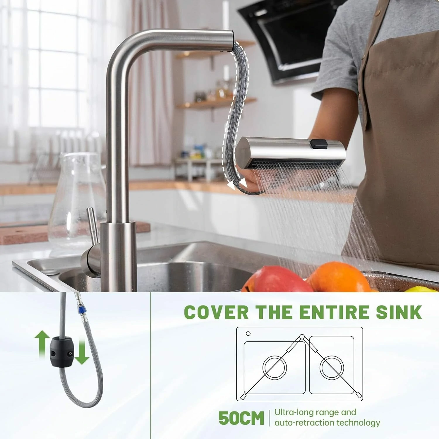 304 Stainless Steel Kitchen Faucet Pull Out Rotation Waterfall Stream Sprayer Brushed Nickel High Efficiency Cleaning Elegant Design Sink Mixer Tap Accessory — view 6