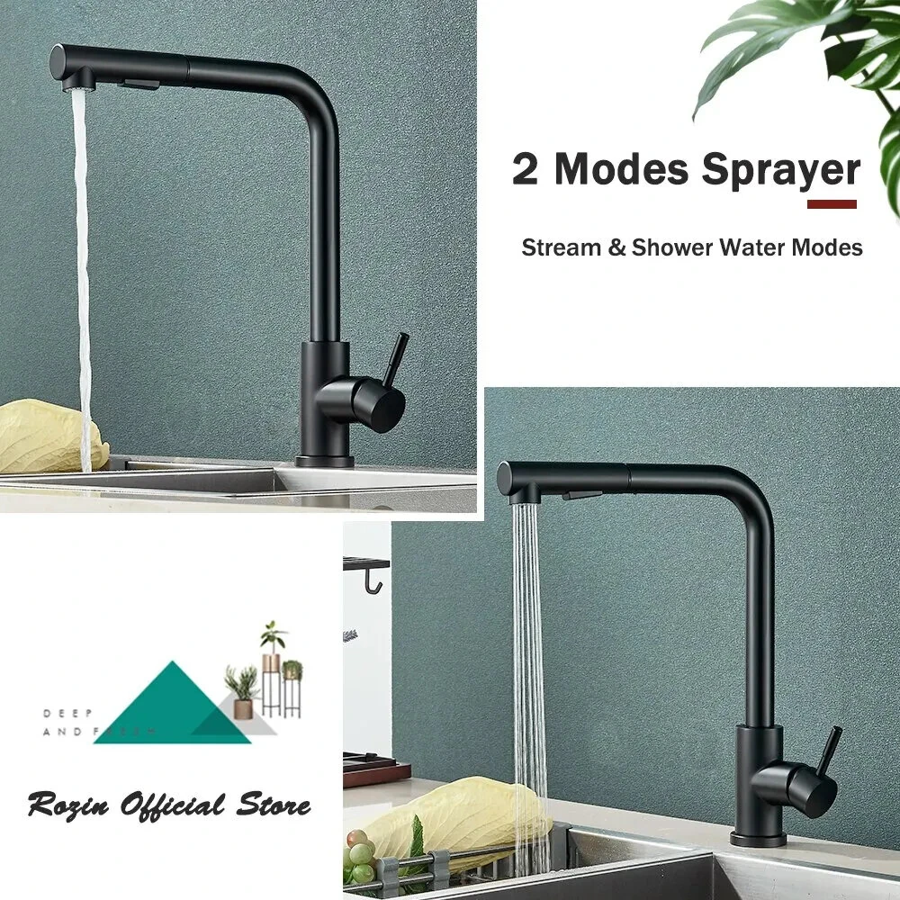 304 Stainless Steel Pull-out Faucet with 2 Modes Pull Out Kitchen Sink Faucet Stainless Steel Hot Cold Water Mixer Tap Spray Nozzle Flexible — view 4