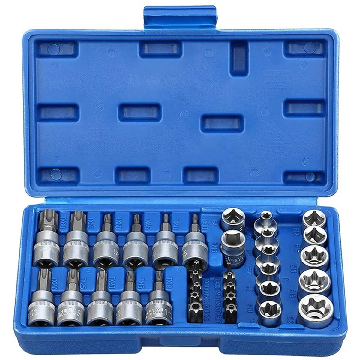 34PCS Torx Bit Socket and E-Torx Star Socket Set 1/4 3/8 1/2 Drive Chrome Vanadium Steel with Storage Case for Automotive and Repair — Pricio