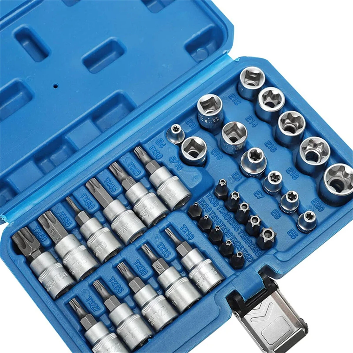 34PCS Torx Bit Socket and E-Torx Star Socket Set 1/4 3/8 1/2 Drive Chrome Vanadium Steel with Storage Case for Automotive and Repair — view 4