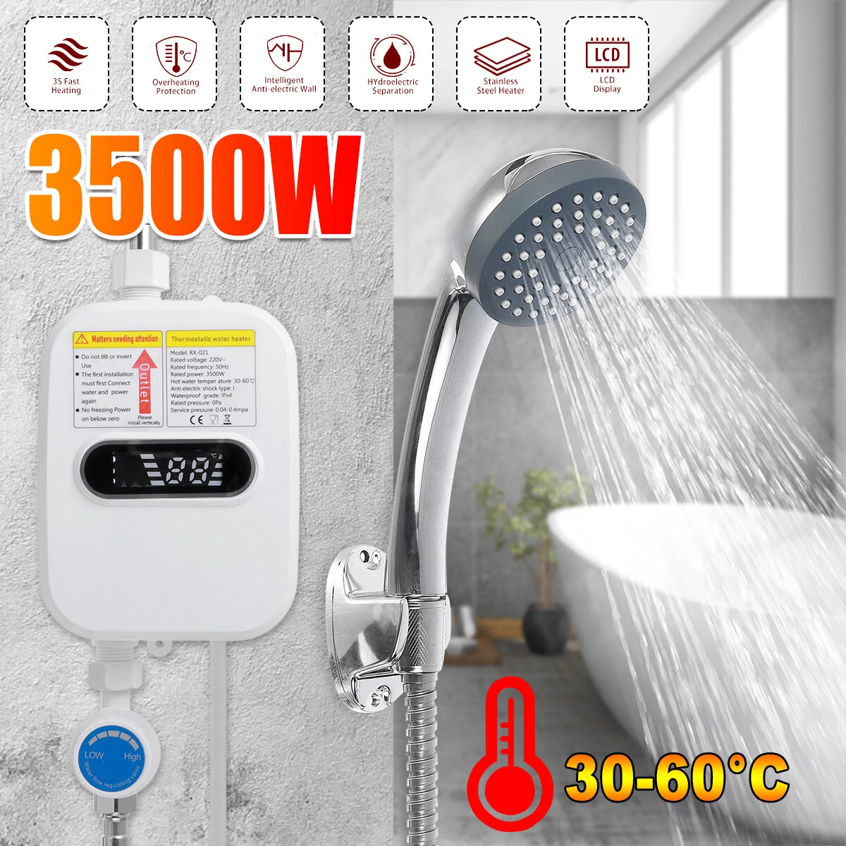 3500W 220V Mini Water Heater Hot Electric Tankless Household Bathroom Faucet with Shower Head LCD Temperature Display — Pricio
