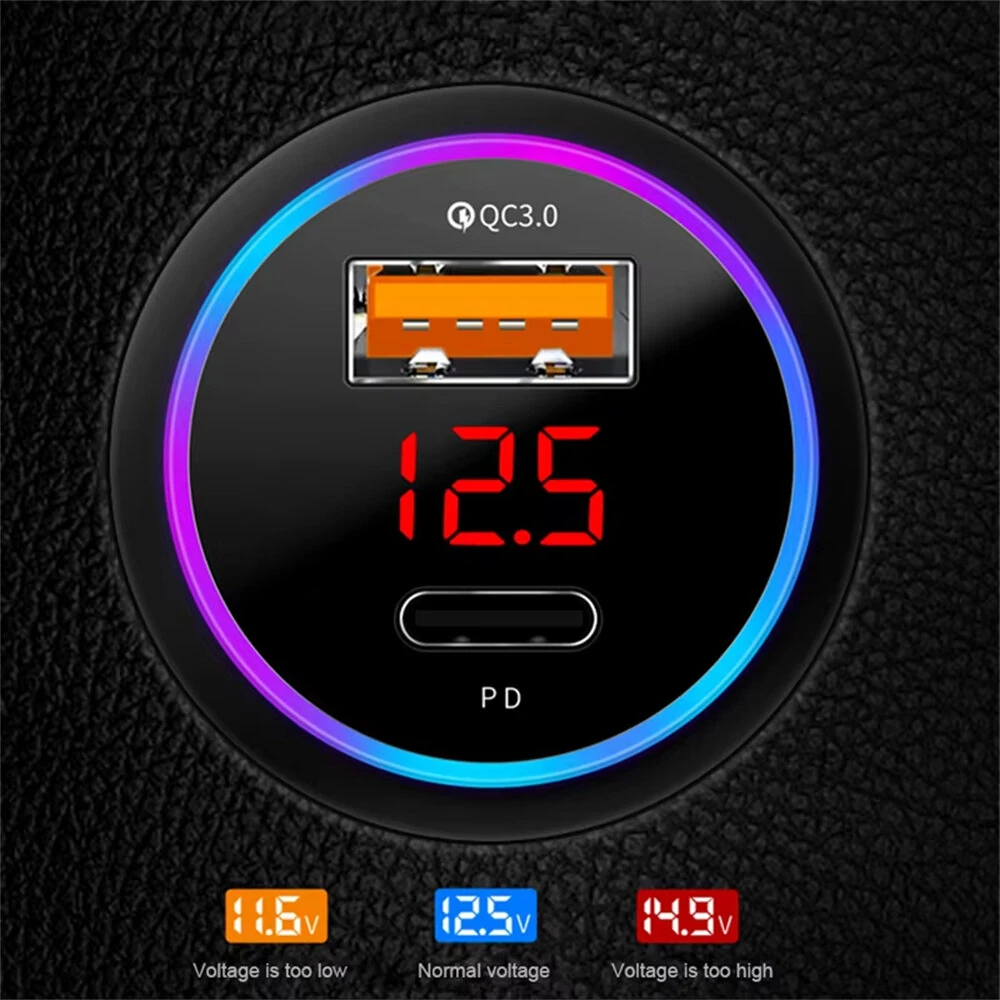 38W Car Charger PD+USB QC3.0 Quick Charging Phone Charger 12V -24V Lighter Socket with LED Voltmeter Display — view 6