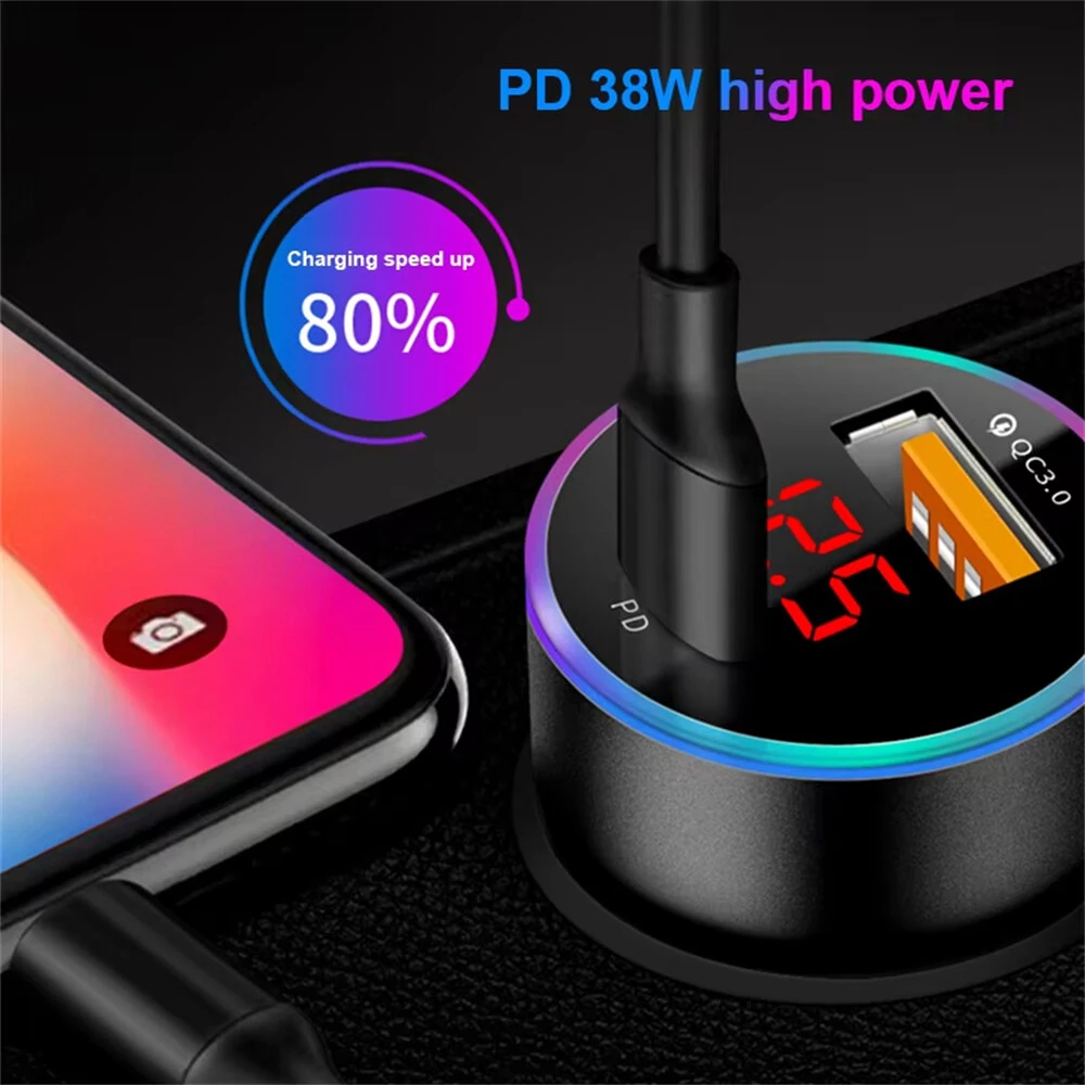 38W Car Charger PD+USB QC3.0 Quick Charging Phone Charger 12V -24V Lighter Socket with LED Voltmeter Display — view 7