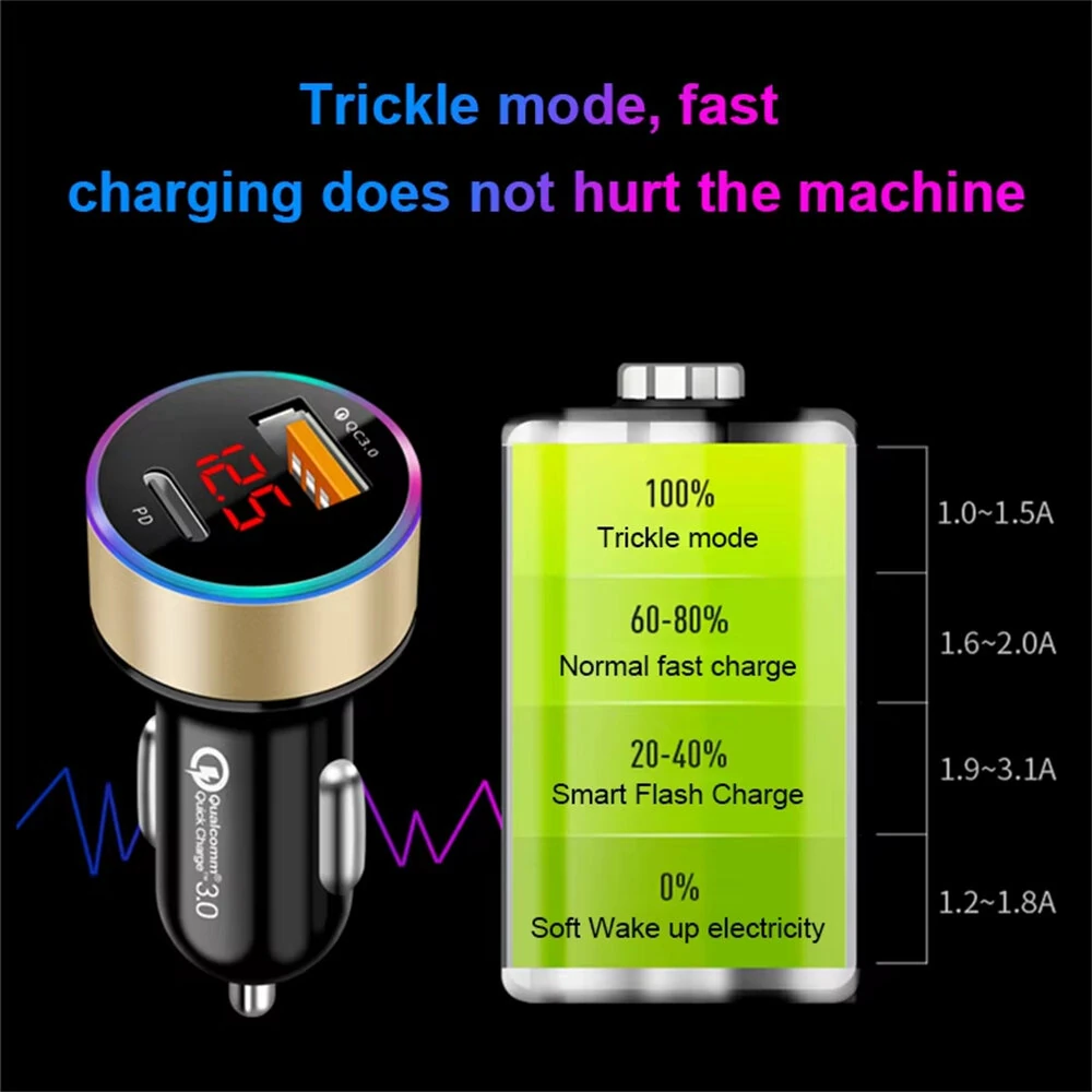 38W Car Charger PD+USB QC3.0 Quick Charging Phone Charger 12V -24V Lighter Socket with LED Voltmeter Display — view 8