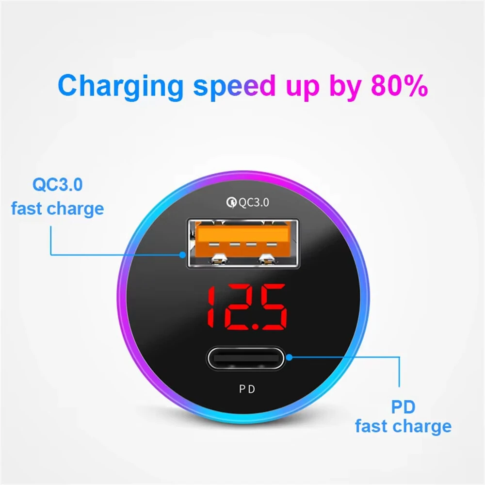 38W Car Charger PD+USB QC3.0 Quick Charging Phone Charger 12V -24V Lighter Socket with LED Voltmeter Display — view 9