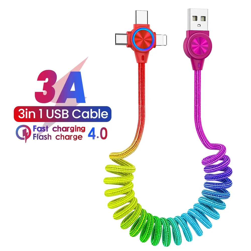 3A 3in 1 USB-A to iP/Type-C/Micro USB Spring Cable Fast Charging Data Transmission Copper Core Line 1M Long for Huawei Mate50 for Samsung Galaxy S23 for Xiaomi 13 for Oppo Reno9 for iPhone 12 13 14 14Pro 14 Pro Max — view 3
