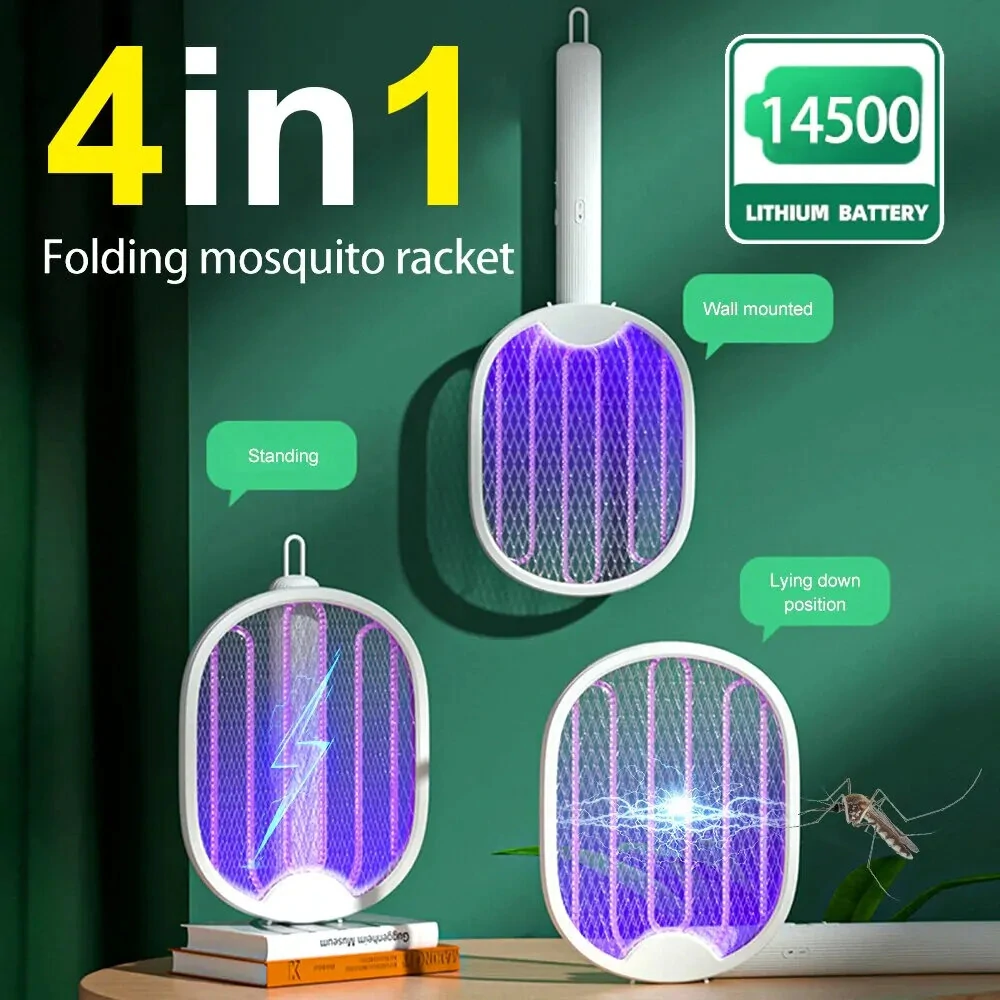 4 in 1Foldable Electric Mosquito Swatter with Portable UV Light Trap 5W Power and Dual Safety Switch Features USB Rechargeable Pest Control for Home and Outdoor Use — Pricio