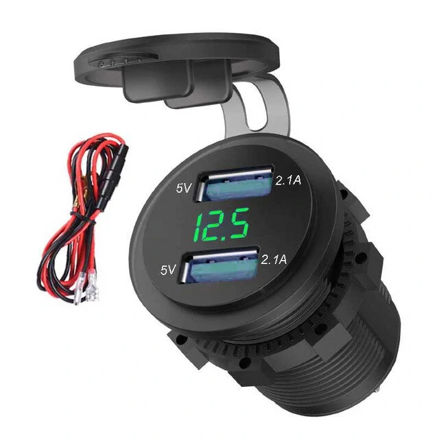 4.2A Waterproof Car 2 Port Dual USB Charger Socket Power Outlet with LED Voltmeter for 12-24V Car Boat Marine ATV Motorcycle — view 2