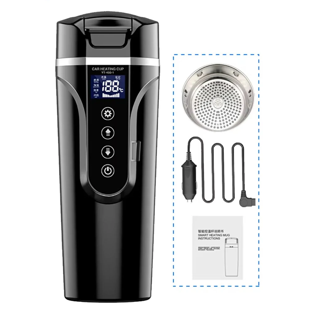 450ml 12V 24V Car Electric Kettle Cup Stainless Steel Smart Temperature Control Display Portable Travel Mug Fast Heating Adjustable Thermos Boiling Tea Brewing Warm Milk — Pricio