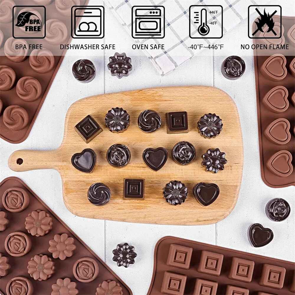 4PCS Food-Grade Silicone Material Chocolate Molds Set Rose Flower Heart Chocolate Mould Waffle Candy Ice Cube Jelly Handmade Soap Cake Decoration Baking Mold — view 5