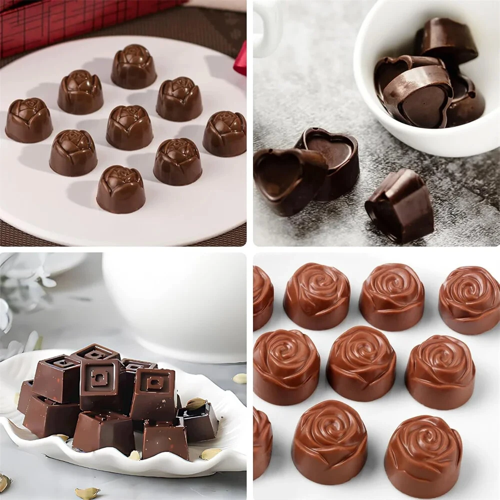 4PCS Food-Grade Silicone Material Chocolate Molds Set Rose Flower Heart Chocolate Mould Waffle Candy Ice Cube Jelly Handmade Soap Cake Decoration Baking Mold — view 7