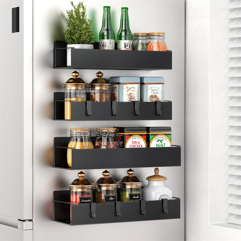 4pcs Magnetic Storage Rack with Hooks Punch-Free Household Kitchen Refrigerator Washing Machine Side Hanging Storage