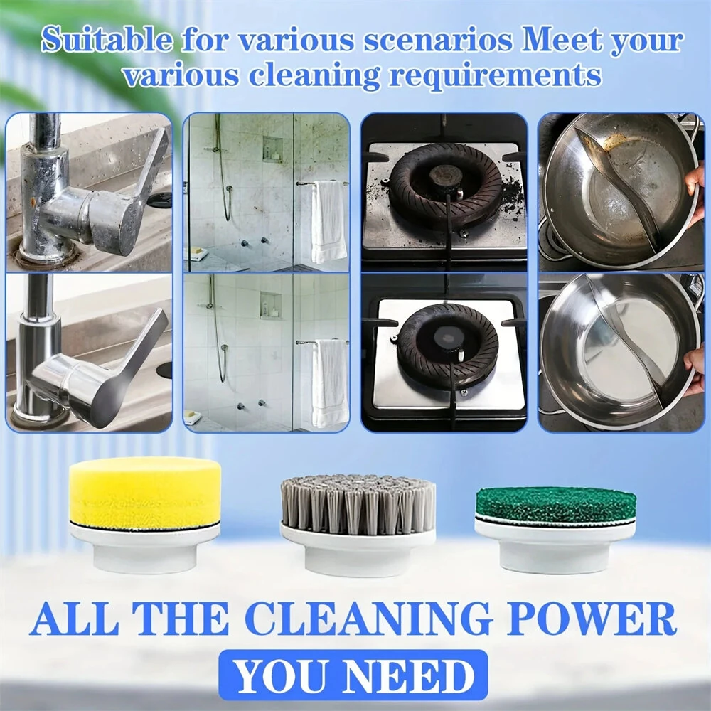 5 in1 Portable Electric Cleaning Brush 5W 1200mAh Rechargeable 3-Speed Adjustable 1600/2000/2400 RPM Cordless Multi-functional Kitchen Dish Scrubber with LED Indicator and USB Charging — view 10