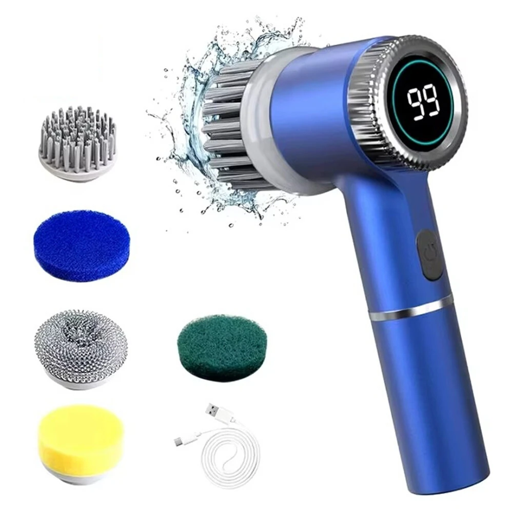5 in1 Portable Electric Cleaning Brush 5W 1200mAh Rechargeable 3-Speed Adjustable 1600/2000/2400 RPM Cordless Multi-functional Kitchen Dish Scrubber with LED Indicator and USB Charging — view 3