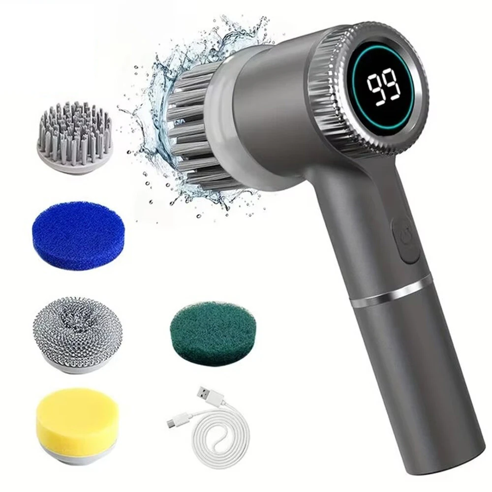 5 in1 Portable Electric Cleaning Brush 5W 1200mAh Rechargeable 3-Speed Adjustable 1600/2000/2400 RPM Cordless Multi-functional Kitchen Dish Scrubber with LED Indicator and USB Charging — view 4