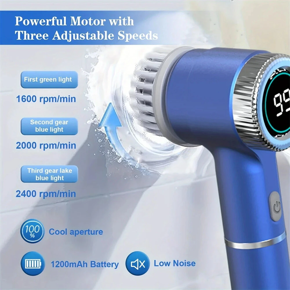 5 in1 Portable Electric Cleaning Brush 5W 1200mAh Rechargeable 3-Speed Adjustable 1600/2000/2400 RPM Cordless Multi-functional Kitchen Dish Scrubber with LED Indicator and USB Charging — view 6