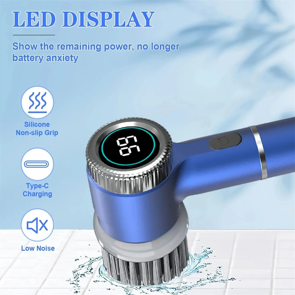 5 in1 Portable Electric Cleaning Brush 5W 1200mAh Rechargeable 3-Speed Adjustable 1600/2000/2400 RPM Cordless Multi-functional Kitchen Dish Scrubber with LED Indicator and USB Charging — view 7