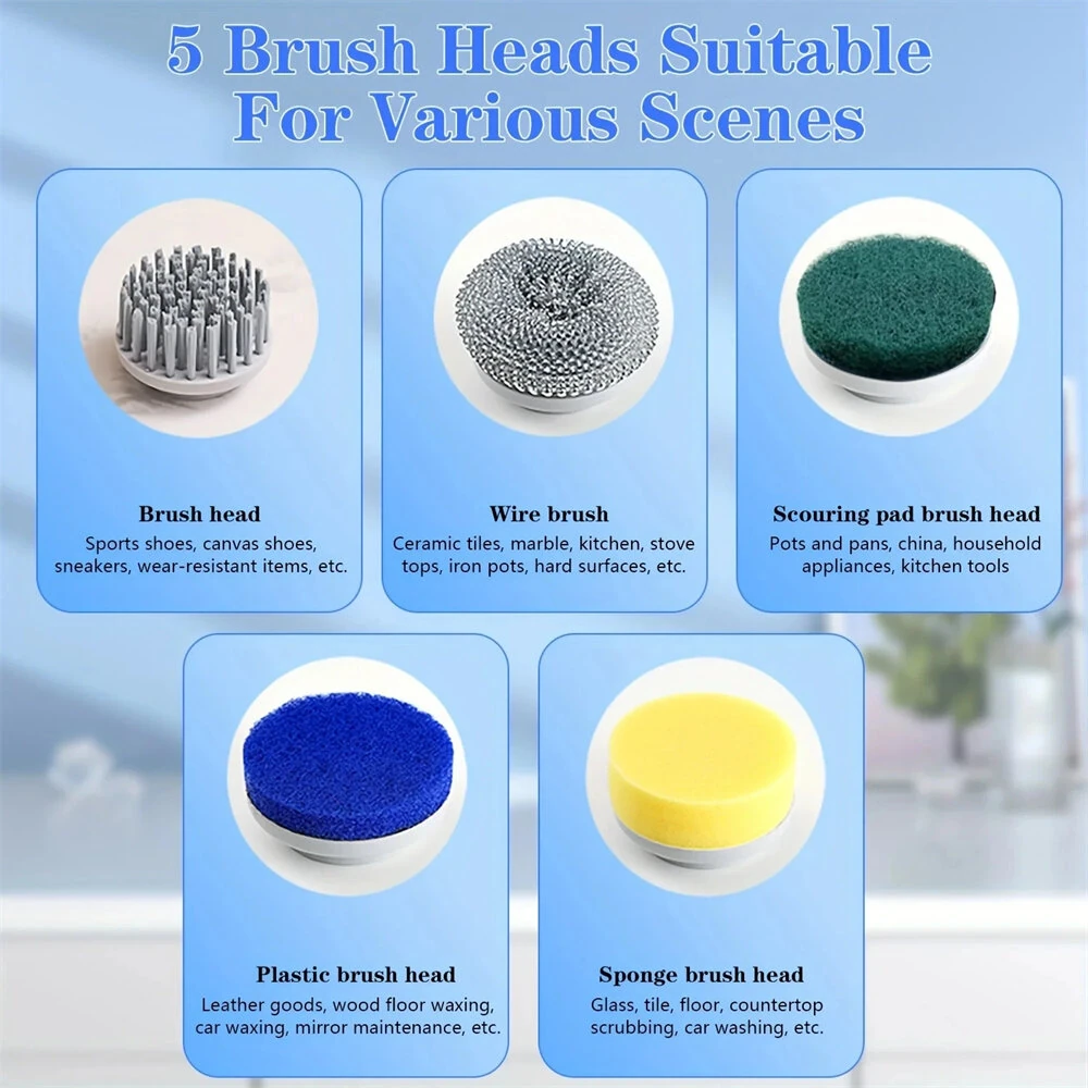 5 in1 Portable Electric Cleaning Brush 5W 1200mAh Rechargeable 3-Speed Adjustable 1600/2000/2400 RPM Cordless Multi-functional Kitchen Dish Scrubber with LED Indicator and USB Charging — view 9