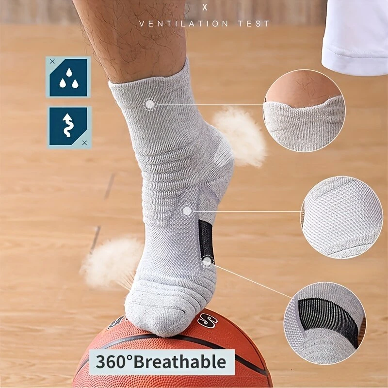 5 Pairs Men's Sports Socks, Towel Basketball Socks, Wicking Sweat Breathable Running Cycling Socks, High Elastic Outdoor Activities Ankle Socks — view 9