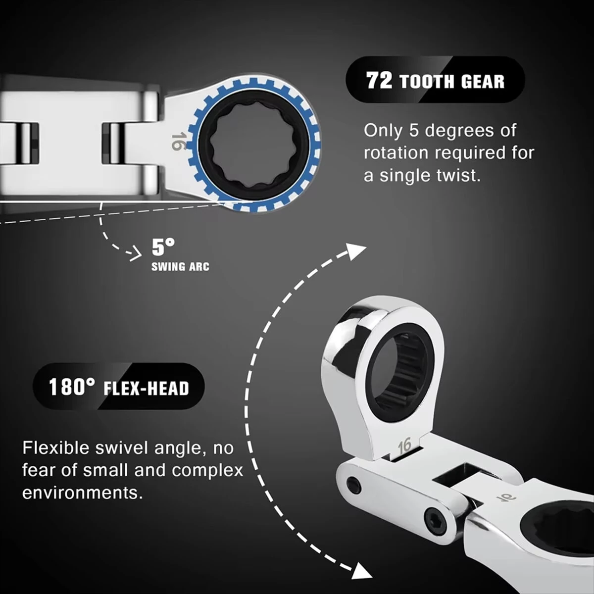 5-Piece Flex-Head Stubby Ratcheting Combination Wrench Set Mini Wrench Set Double Box End Flex-Head Mini Spanner Set — view 5
