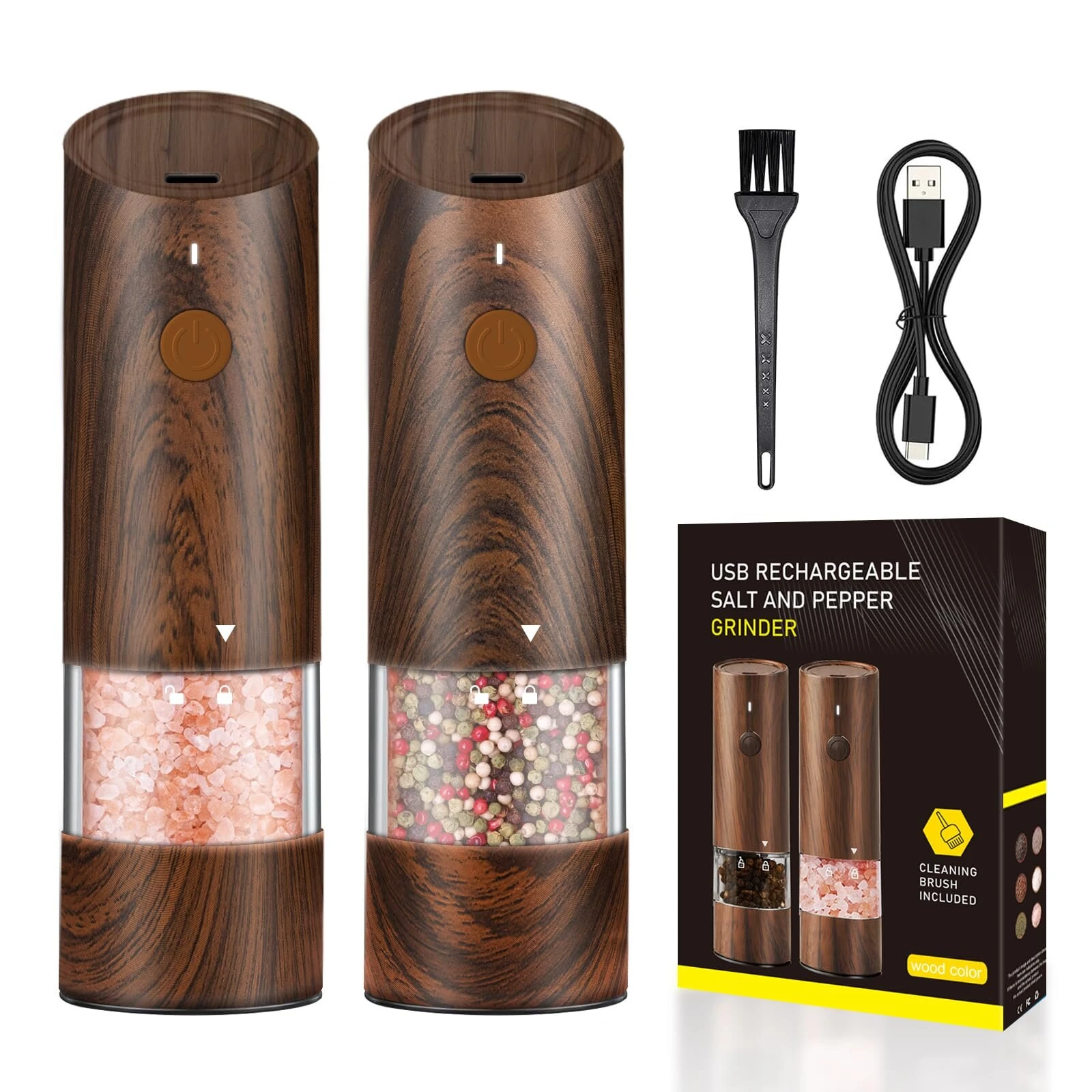 500mAh Electric Pepper Grinder in Wood Grain Color Electric Salt and Pepper Grinder Set with 6 Adjustable Coarseness Adjustable Ceramic Core with LED Light USB Rechargeable — Pricio