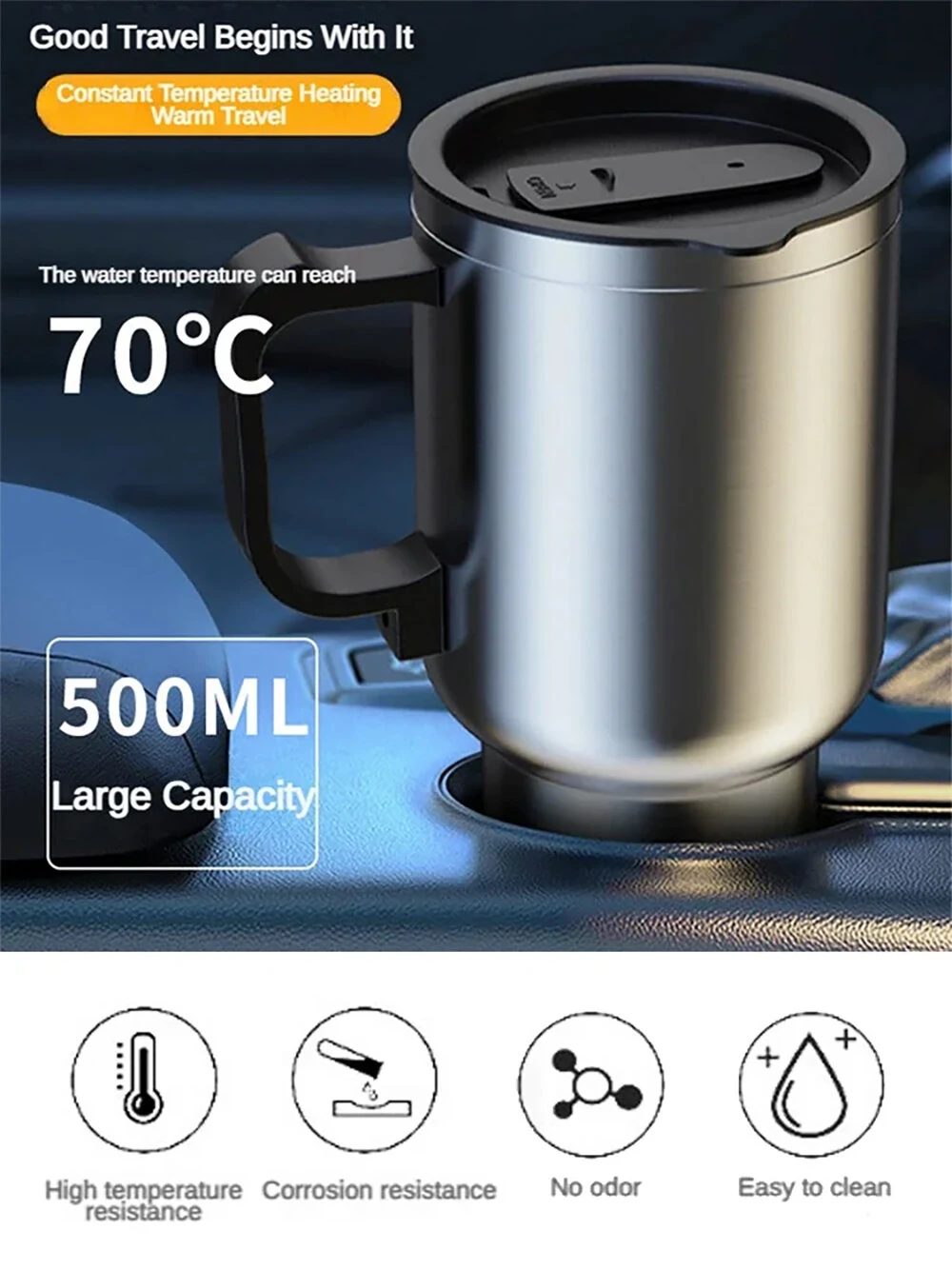 500ML 12V Car Heating Cup Insulated Water Cup Travel Mug Bottle Car Electric Kettle Car Heating Cup Stainless Steel Thermos Heating Water Bottle Car Kettle Thermos Water Tea Milk — view 3