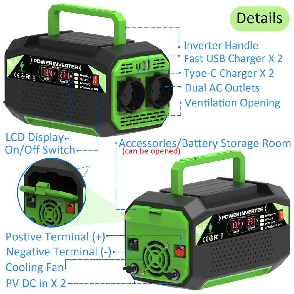 500W Inverter DC 12V to AC 220V with EU Socket Dual LCD Display Fast Charging for Outdoor Camping Car Home Use  Portable Power Supply — view 4