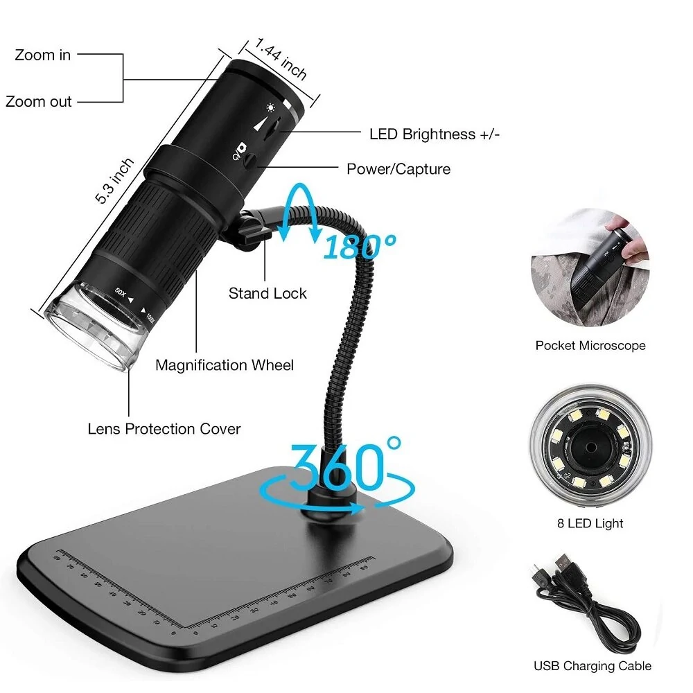50X-1000X Wireless Digital Microscope Handheld USB HD Inspection Camera with Flexible Stand for Phone PC — view 3