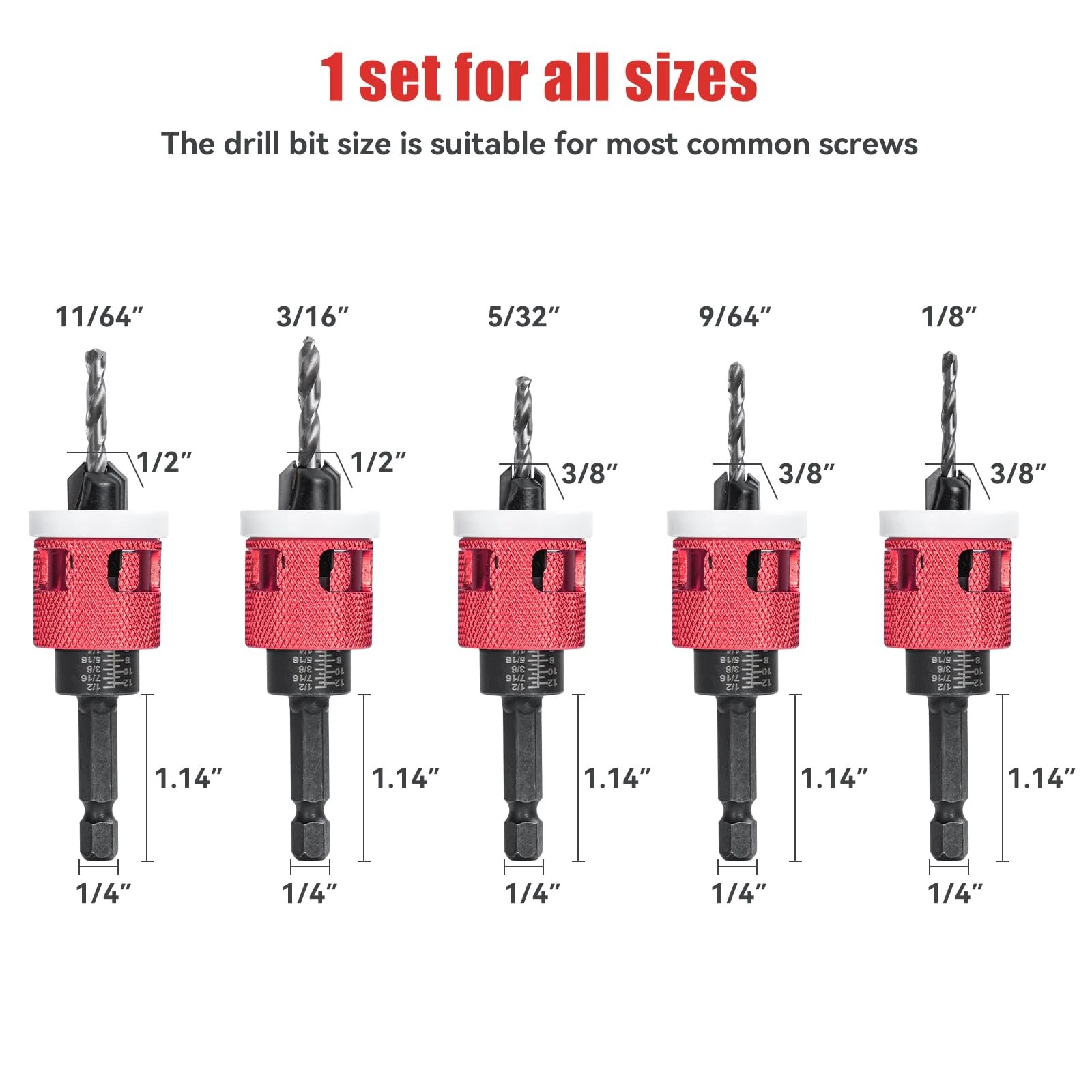 5PCS 1/4 Inch Hex Shank Countersink Drill Bits Set with Low Friction Stop for Wood Plastic MDF Drilling — view 4