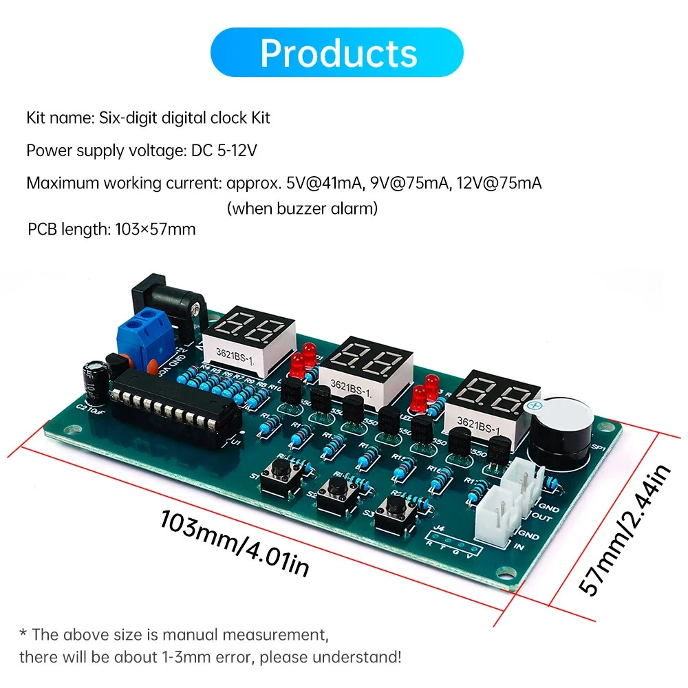 6-bit Digital Clock DIY Kit 51 Microcontroller Electronic Clock 6 bit Tube LED Display Module Suite Parts and Components DC5-12V — view 4