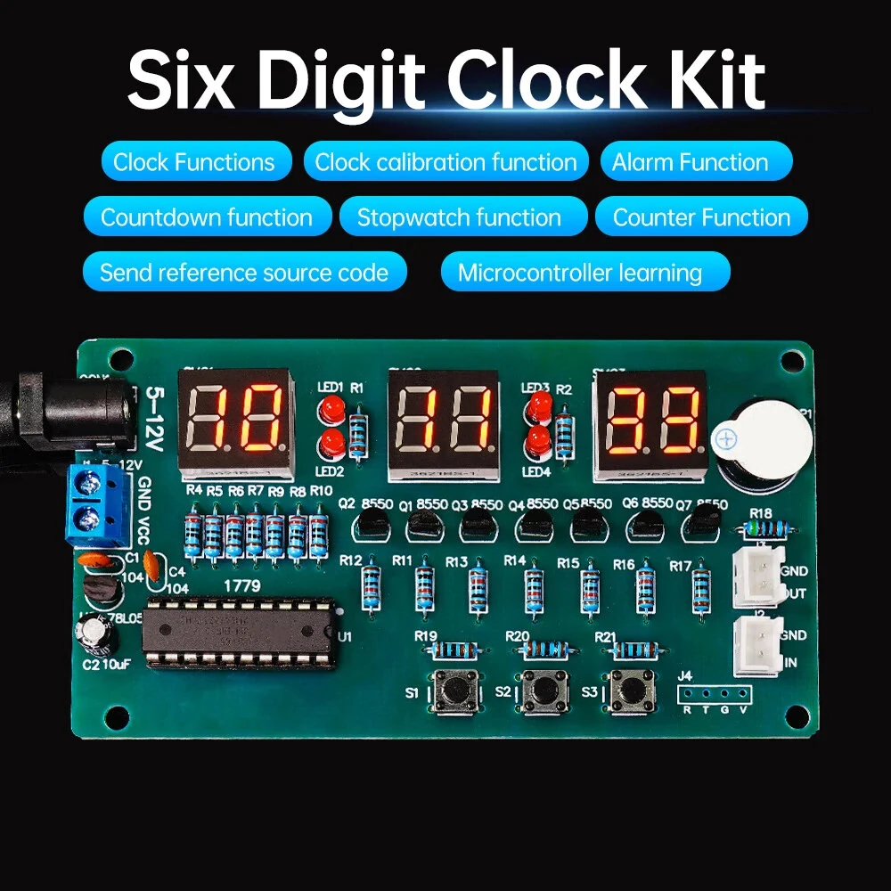 6-bit Digital Clock DIY Kit 51 Microcontroller Electronic Clock 6 bit Tube LED Display Module Suite Parts and Components DC5-12V — view 5
