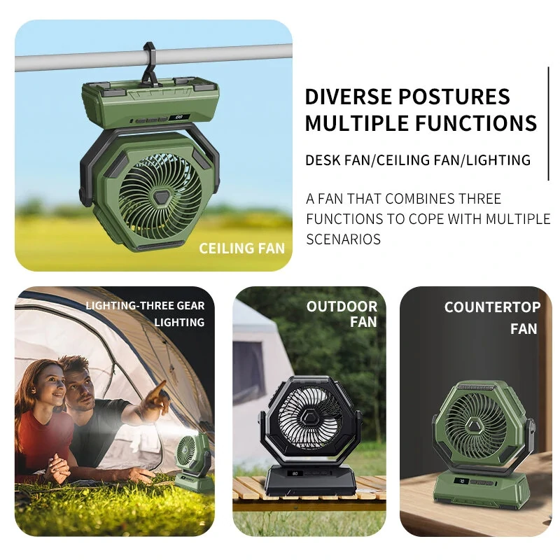 6000mAh Rechargeable Camping Fan with LED Light Portable Outdoor Ceiling Oscillating Fan Type-C Charging Adjustable Angles Brightness Control Sturdy Material Air Cooling Fan — view 7