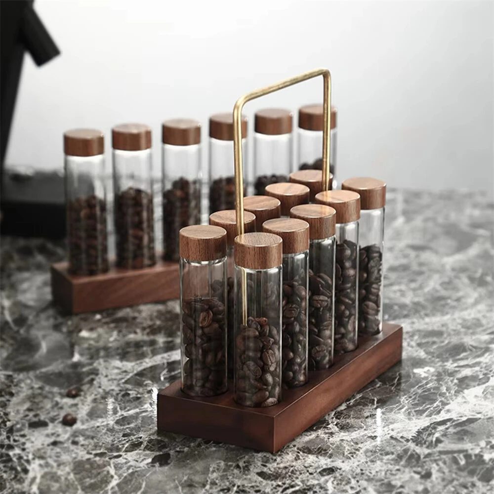 6/10/12 Slots Wood Base Coffee Bean Glass Bottle Display Stand Transparent Glass Tubes Wooden Lids Storage Rack — view 5