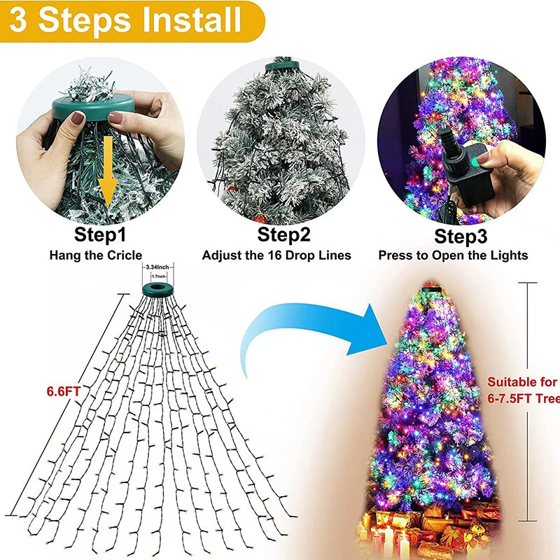 6.6 FT 16 Lines 400LED 8 Modes Christmas Tree Lights Decoration Tree Top Lights String Courtyard Garden Outdoor Waterproof Waterfall Lights LED Lights — view 7