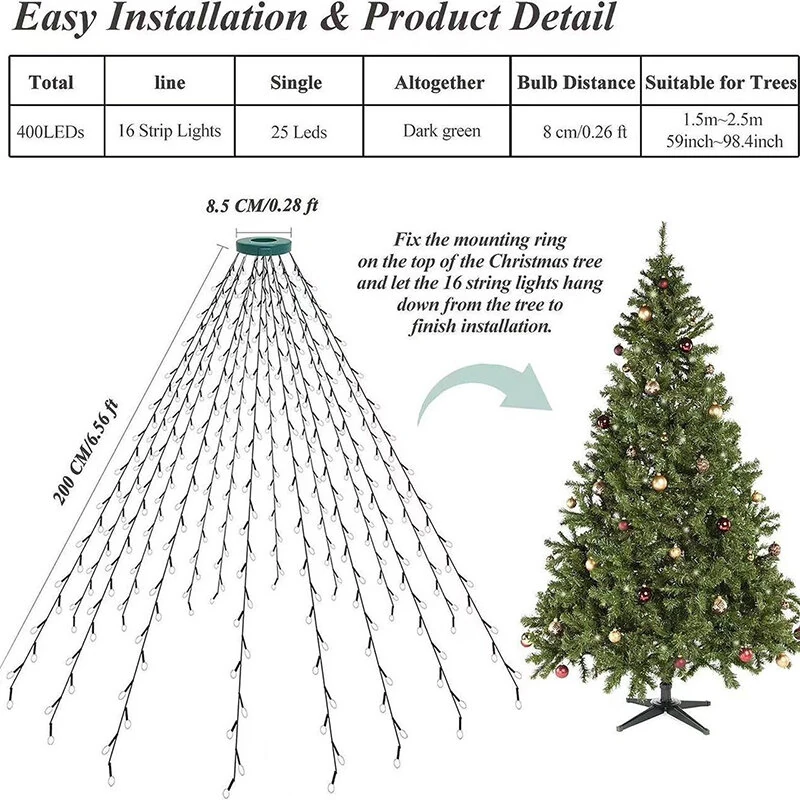 6.6 FT 16 Lines 400LED 8 Modes Christmas Tree Lights Decoration Tree Top Lights String Courtyard Garden Outdoor Waterproof Waterfall Lights LED Lights — view 8