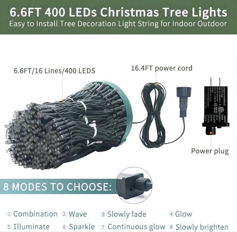 6.6 FT 16 Lines 400LED 8 Modes Christmas Tree Lights Decoration Tree Top Lights String Courtyard Garden Outdoor Waterproof Waterfall Lights LED Lights — view 9