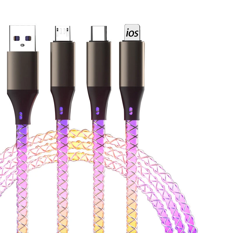 6A 66W USB-A to Type-C/iP/Micro USB RGB Gradient Cable Fast Charging Data Transmission Copper Core Line 1.2M Long for iPhone 16 16 Pro 15 15 Plus 13 12 for Huawei Mate XT for Xiaomi 15pro for Samsung Galaxy Z Flip6
