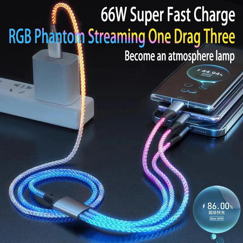 6A 66W USB-A to Type-C/iP/Micro USB RGB Gradient Cable Fast Charging Data Transmission Copper Core Line 1.2M Long for iPhone 16 16 Pro 15 15 Plus 13 12 for Huawei Mate XT for Xiaomi 15pro for Samsung Galaxy Z Flip6 — view 4