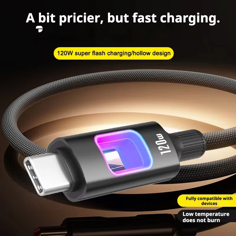 6A PD120W USB-A to USB-C Cable with RGB Hollow LED Light Support PD Fast Charging Data Transmission Tinned Copper Core Line 1M/2M Long for iPhone 17 17Pro 16 15 Pro Max for Huawei Mate XTs for Xiaomi 17pro for OPPO — view 6