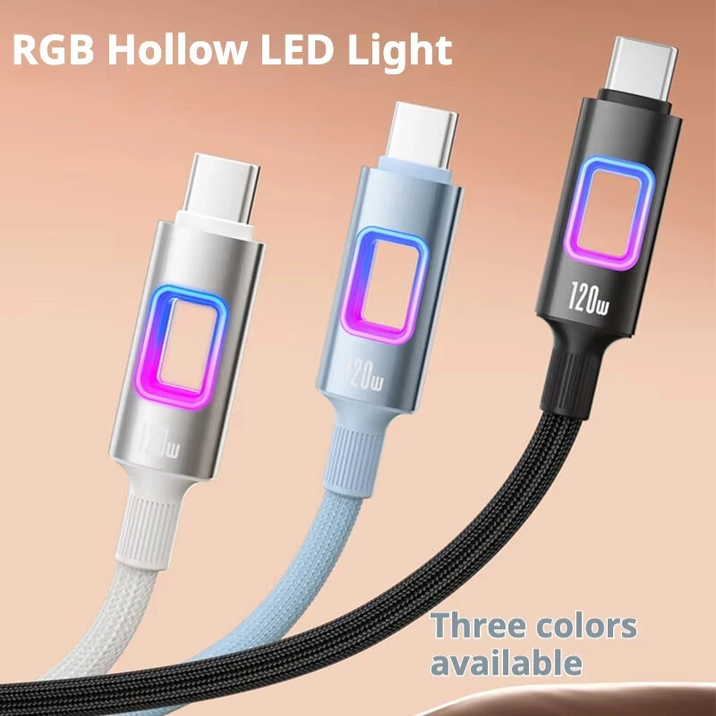 6A PD120W USB-A to USB-C Cable with RGB Hollow LED Light Support PD Fast Charging Data Transmission Tinned Copper Core Line 1M/2M Long for iPhone 17 17Pro 16 15 Pro Max for Huawei Mate XTs for Xiaomi 17pro for OPPO — view 8