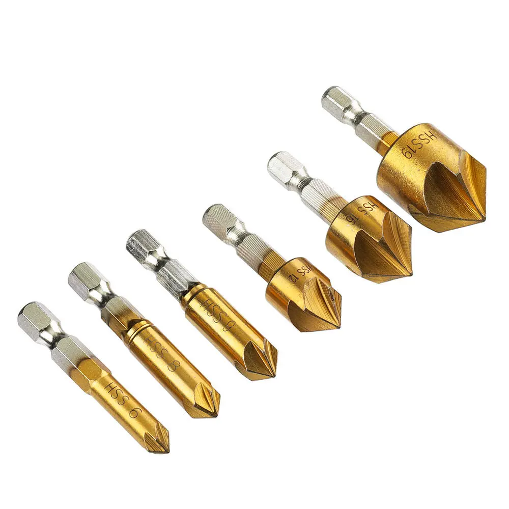 6pcs 6mm-19mm 5 Flute Countersink Drill Bit Set 90° Counter Sink Chamfer Cutter 1/4 Inch Hex Shank — Pricio
